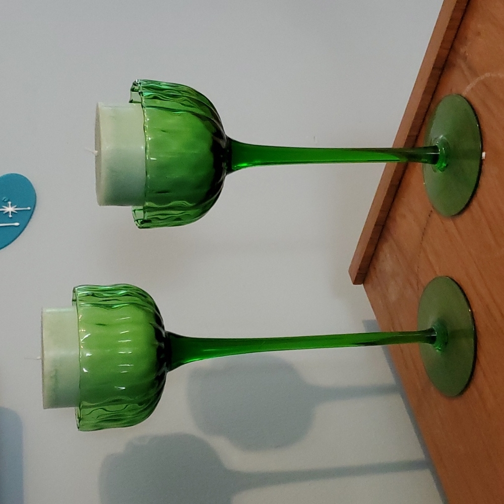 Vintage green Glass stemmed candle holders Matched Pair Mid Century Modern